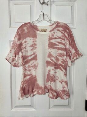 Chasor Pink & White Tie Dye Ruffle Cotton Short Sleeve Top